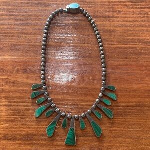 Vintage Taxco Mexico Sterling Silver Malachite Fringe Bib Necklace